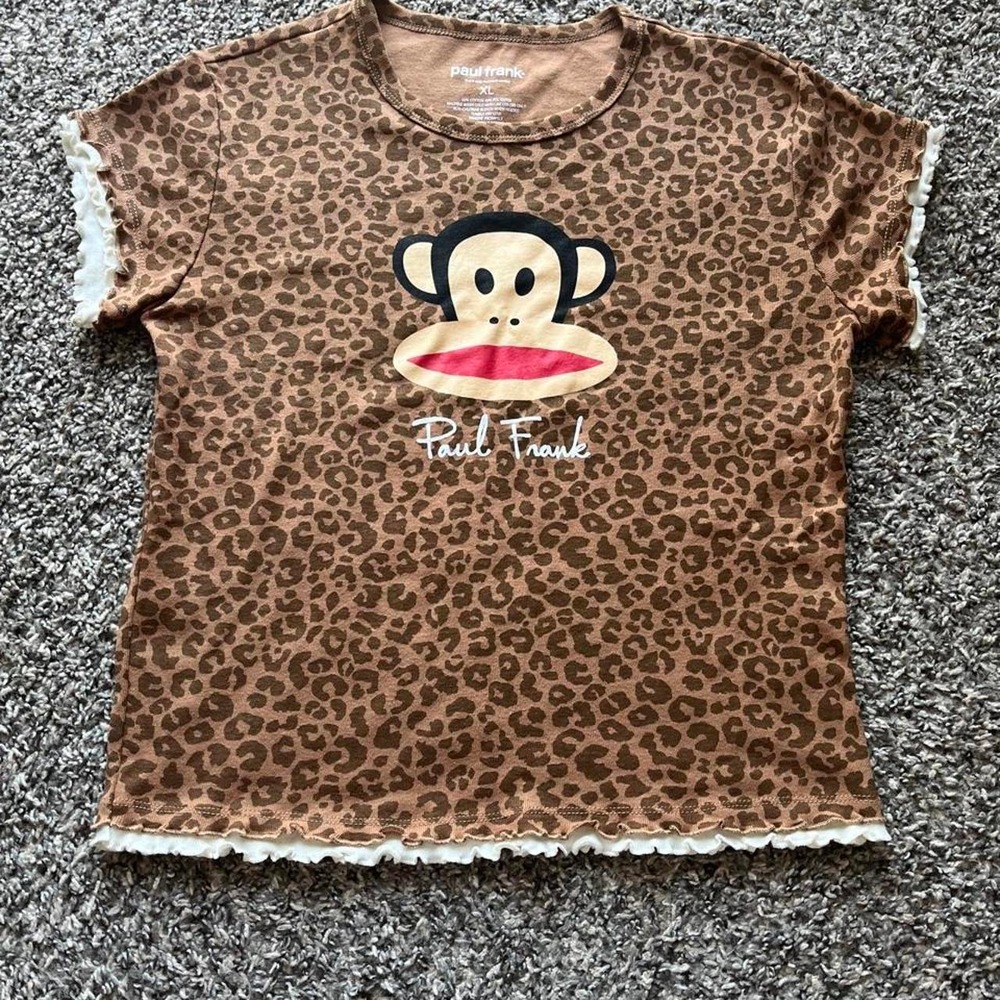 Paul Frank Leopard Print Baby Tee Julius Monkey Y2K Lettuce Trim Brown XL